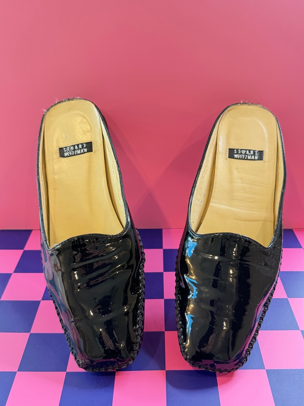 Stuart Weitzman Black Patent Leather Slip-On Loafers with Tan Insole